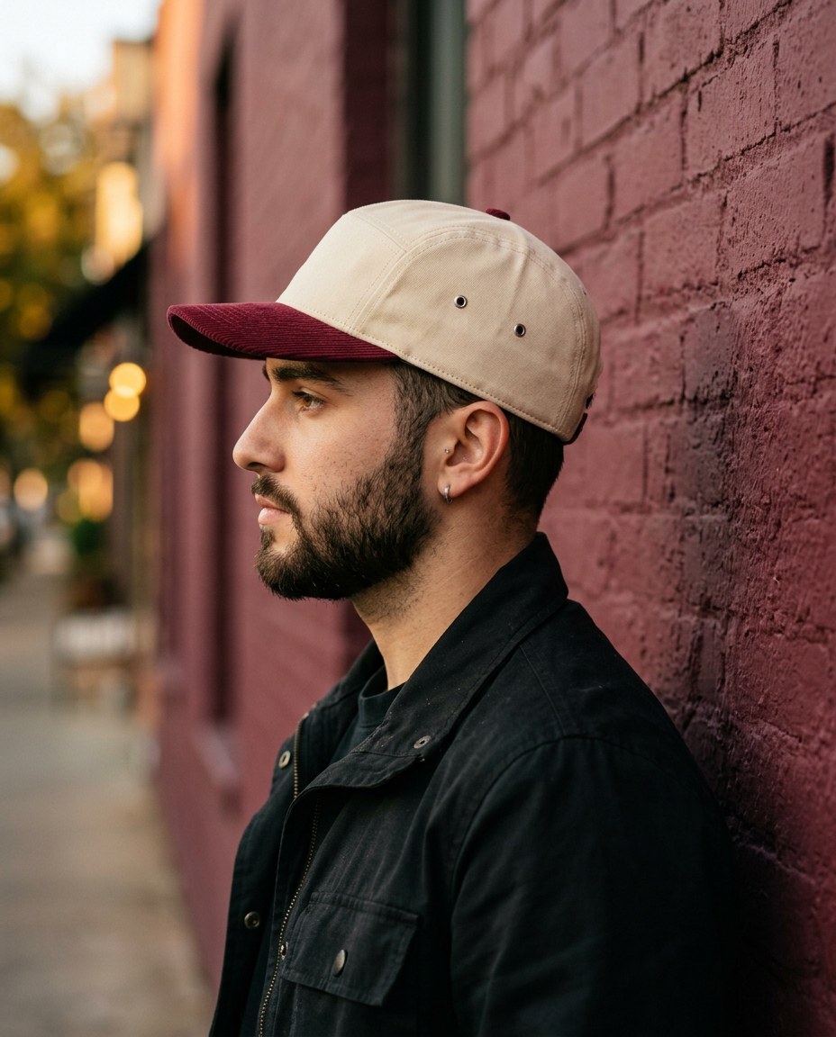 Hombre con barba de perfil con la gorra tan de visera de pana vino, con el logo P28 creative bordado en el costado