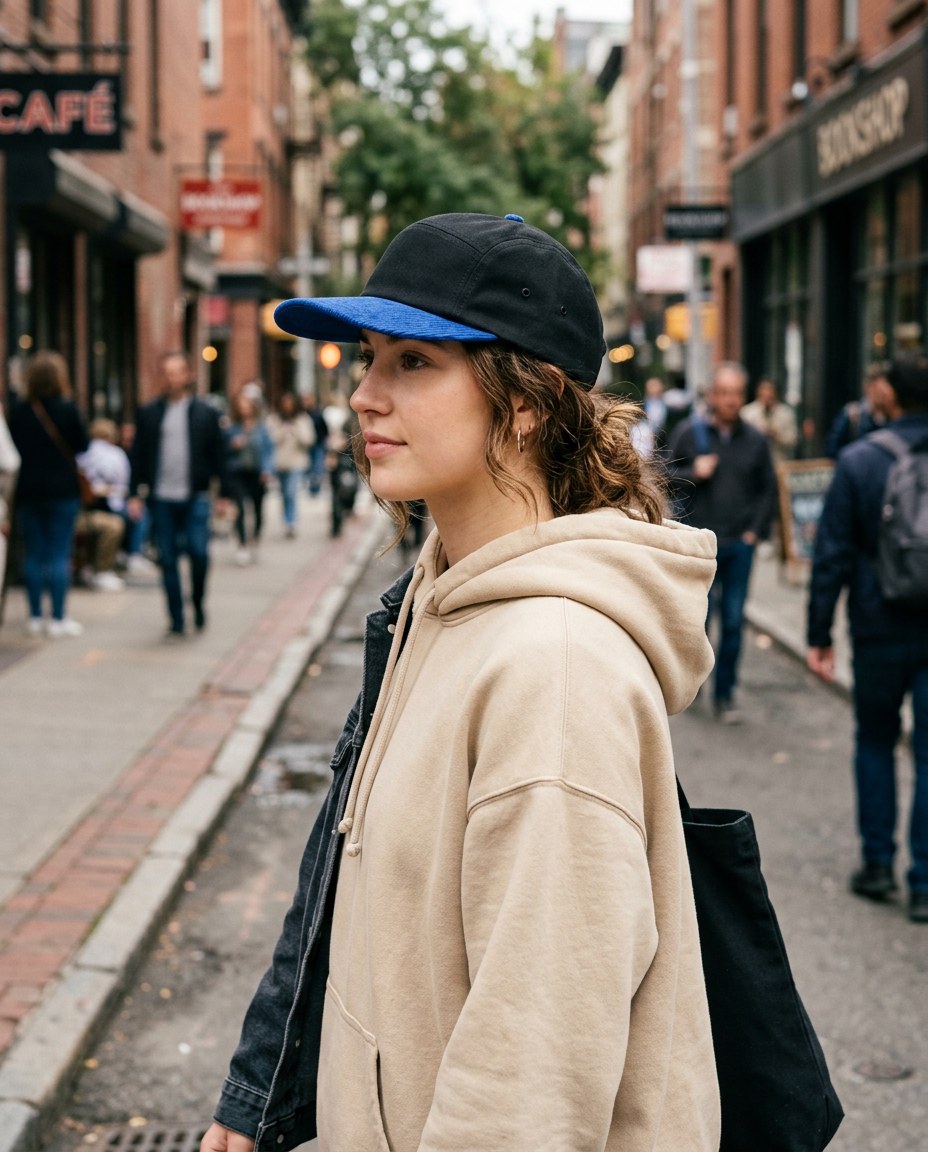 Mujer de perfil con la gorra negra de visera de pana azul rey, con el logo P28 creative bordado en el costado